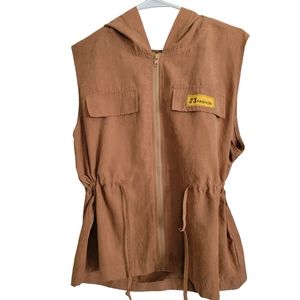 Short Sleeve Lightweight Soft Tan Vest Hooded Jacket Size XL With Zipper